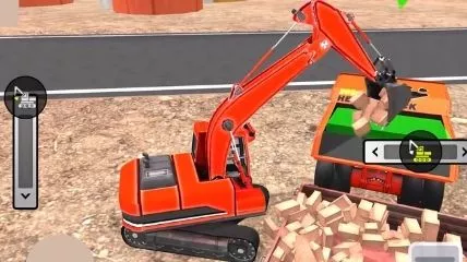 Airport Construction JCB Game in which red JCB filling a truck with stones.