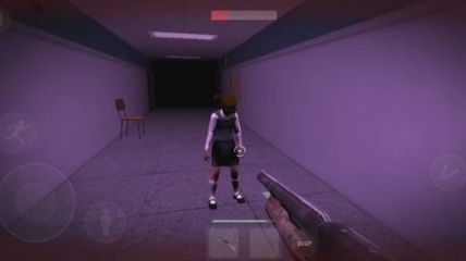 A game scene in which character is holding shotgun on lady ghost in haunted school android horror game.