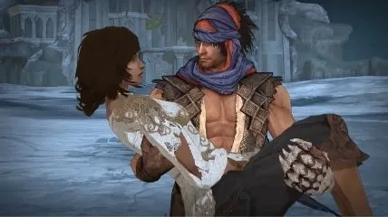 Prince holding his loving queen in Prince of Persia 2008 game