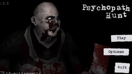 Starting screen of the Psychopath Hunt horror game having a ghost on on it.