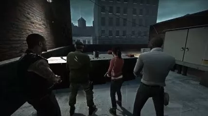 4 soldiers moving with holding guns in their hands to kill zombies. in Left 4 Dead game.