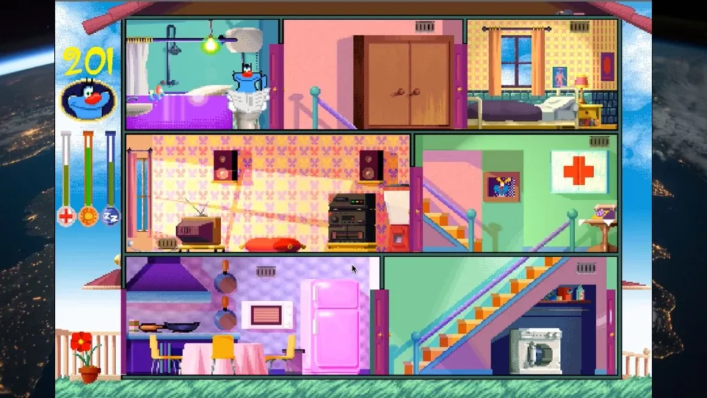 A snap of Oggy Moshi game in which everything inside his house is visible on the single screen.