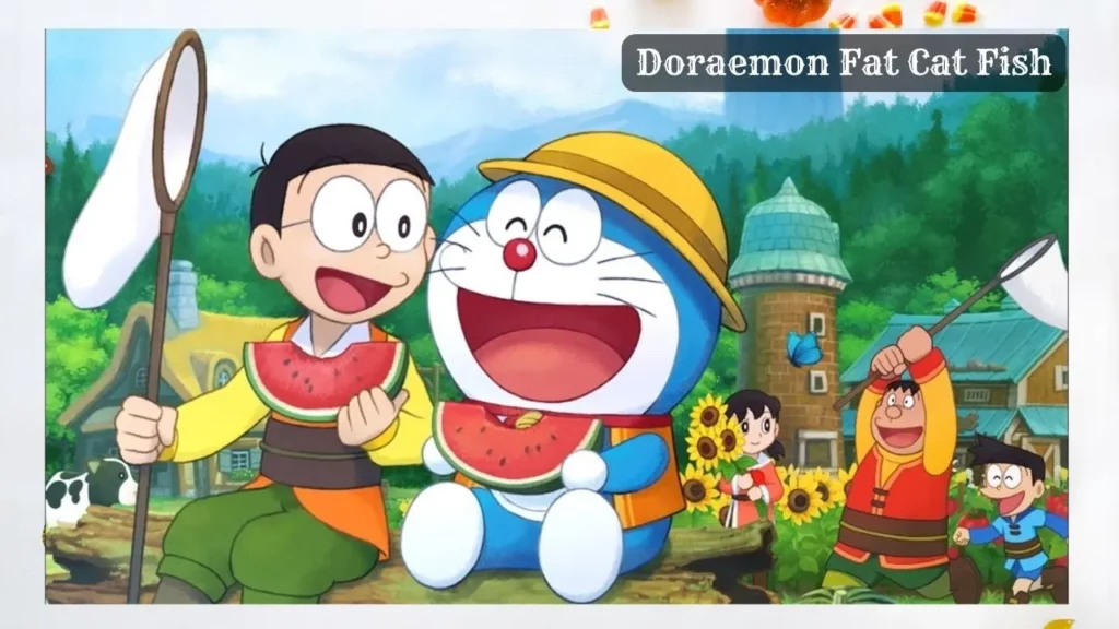 Doraemon Fat Cat Fish wallpaper in which all friends are enjoying.