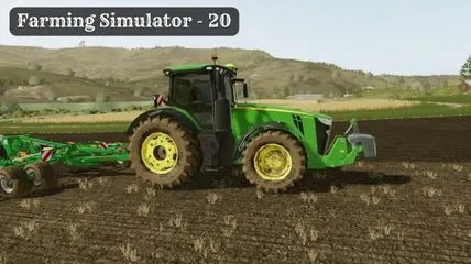 Green tractor from Farming Simulator - 20 game in the field.