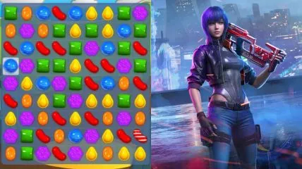 Candy crush in game scene and motoko from call of duty mobile.