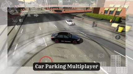 A black color car is drifting and during circle at the middle of road in Car Parking Multiplayer game.