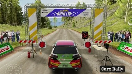 Red car is ready for racing on a racing track in Carx Rally game.