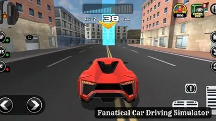 Red car on racing track in Fanatical Car Driving Simulator game.