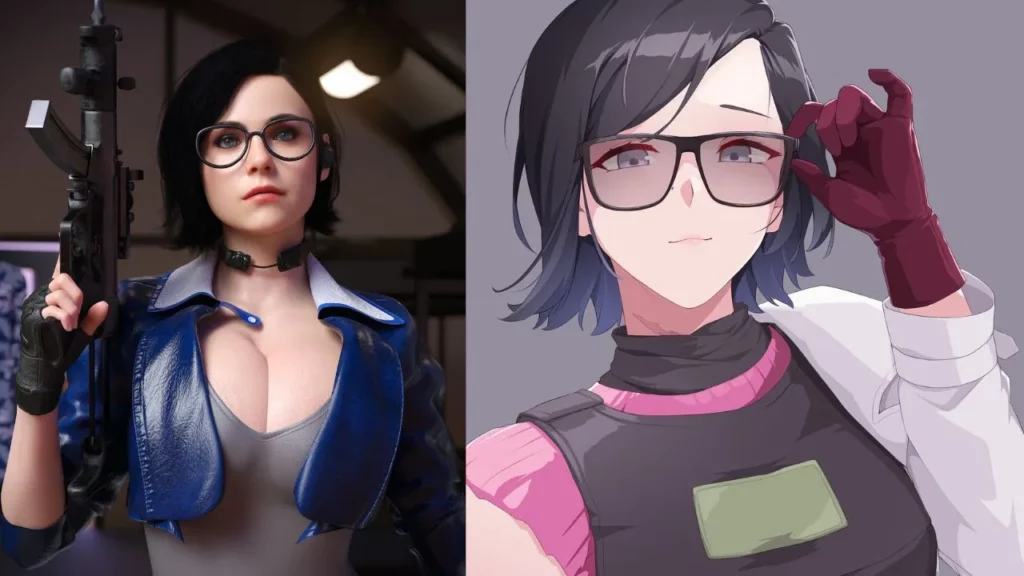 On left side, Helan park holding a gun and showing her deep cleavages and on the right side anime Helen park is wearing her glasses.