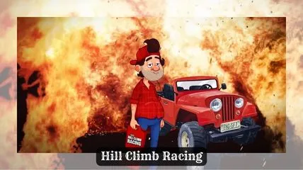 The driver of Hill Climb Racing game holding a red fuel can and near his red car and the fire in his background.