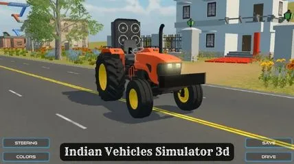 Orange tractor has yellow and black tires from Indian Vehicles Simulator mobile game.