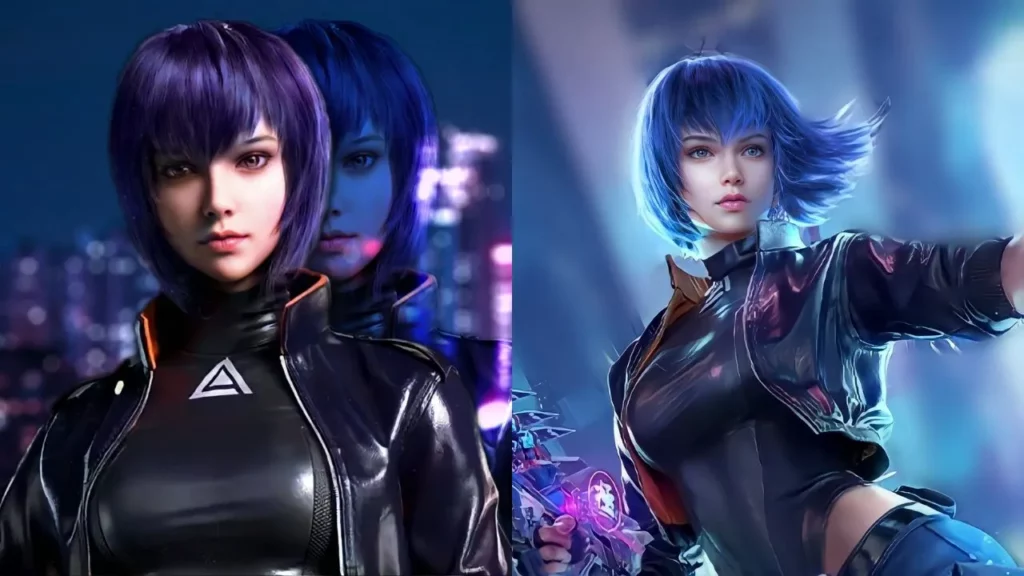 Motoko Kusanagi with purple and blue hairs and she is in black dress Call of Duty Mobile.