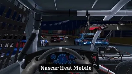 The inner view of car and the car is on racing track in Nascar Heat Mobile game.
