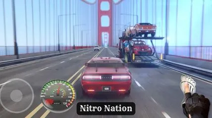 red color car is on a bridge in Nitro Nation mobile game.