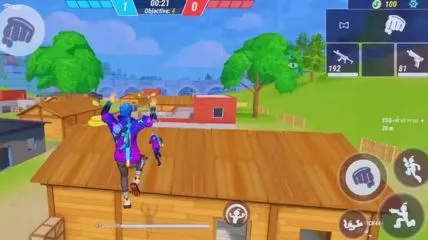 In game fighting scene of Sigma Battle Royale game in which a character is jumping over roof.