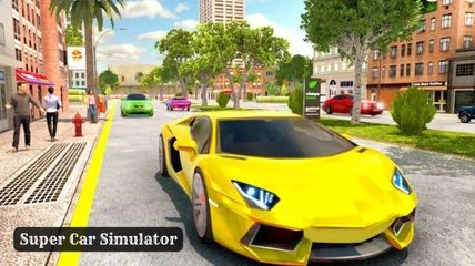 Yellow Lamborghini on road in Super Car Simulator game.