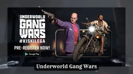 Two gang leader in which one is on bike and another is holding a pistol in the poster of Underworld Gang Wars game.