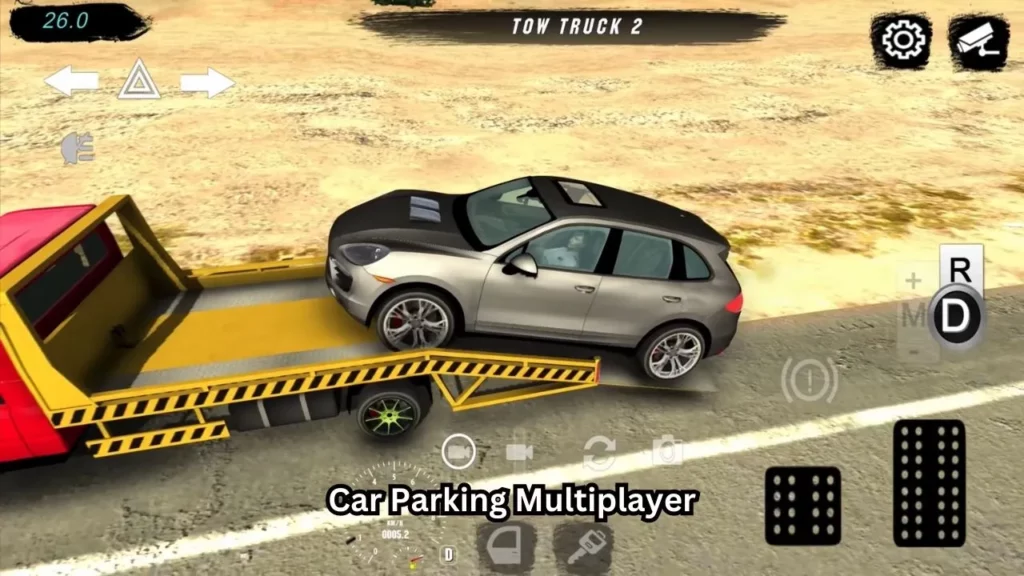A dark grey color car is trying to be on a car picker truck in Car Parking Multiplayer game.