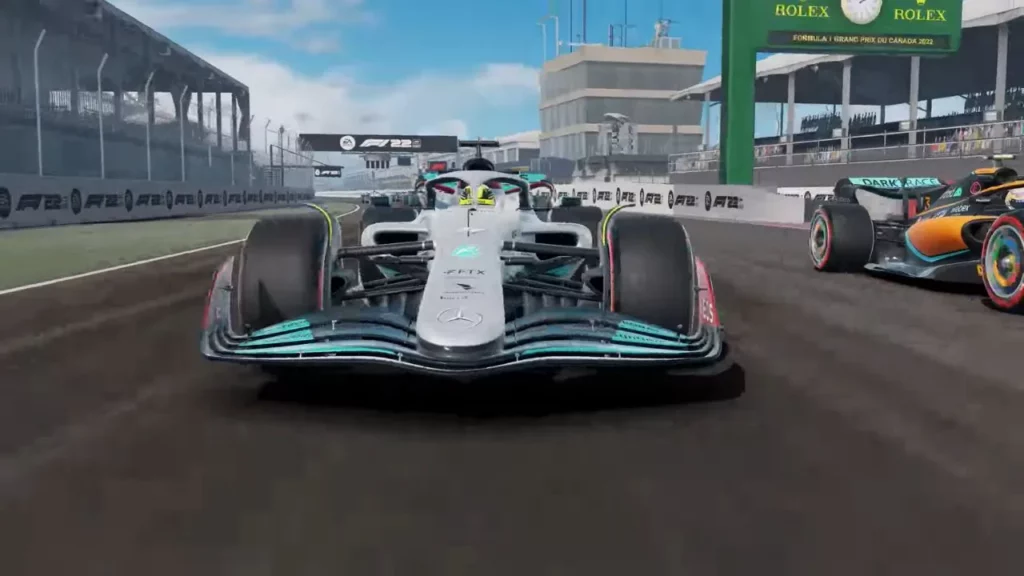 White color mix with sky blue color formula 1 racing car is on racing track in F1 Mobile Racing game.