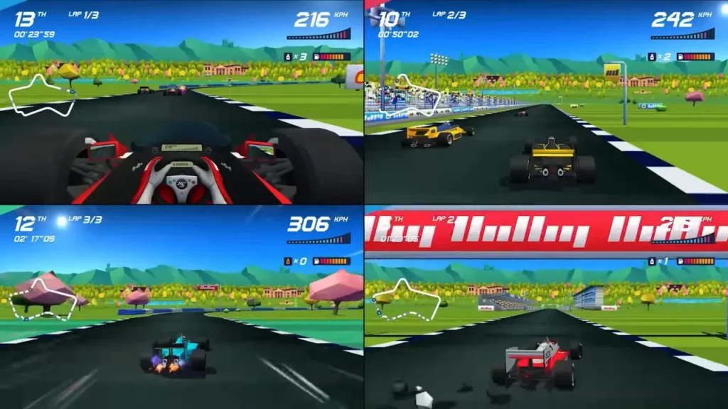 4 different views of racing tracks with different different cars in Horizon Chase game.