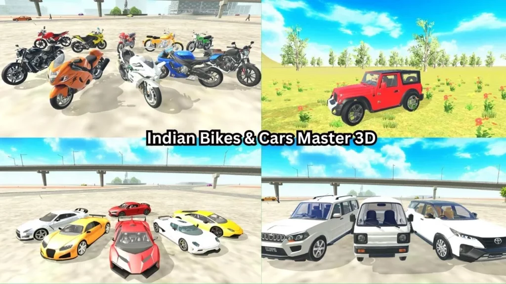 A group of 4 pics in which multiple costly bikes, suvs, omni van, and other costly cars like Lamborghini from Indian Bikes  Cars Master 3D game.