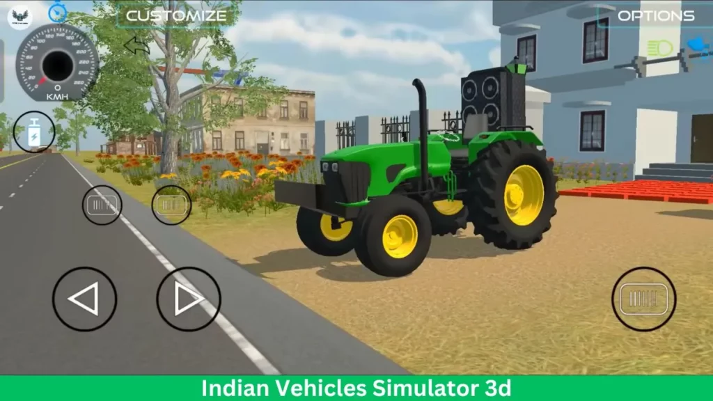 A green color tracker is in the front of home in Indian Vehicles Simulator game.