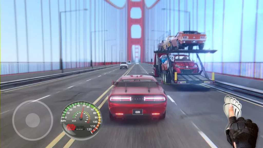 Red car running on bridge and on its right side a truck is moving in Nitro Nation Car Racing Game.