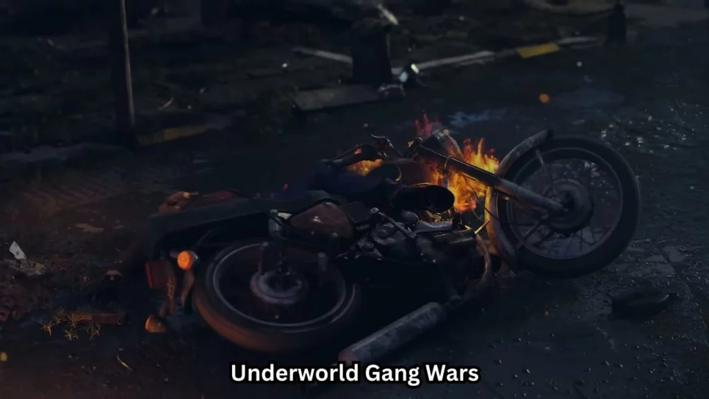 A bullet bike is burned at night in Underworld Gang Wars game.