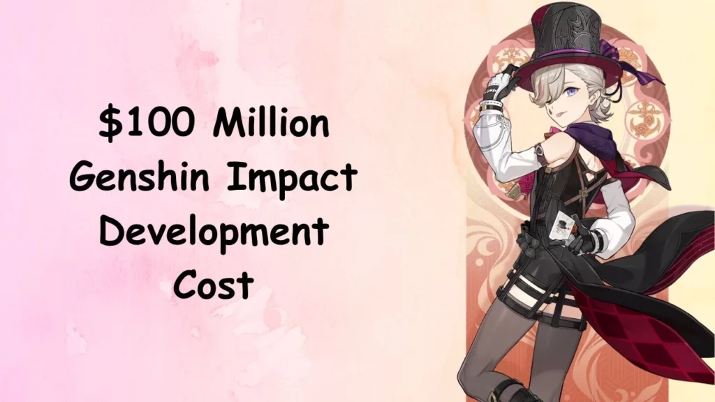 the text "development cost of Genshin Impact was $100 million." written on image and a character from Genshin Impact.