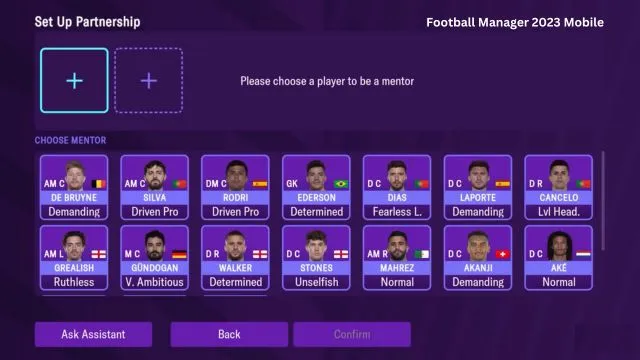 Football Manager 2023 Mobile game's player screen to make a team.