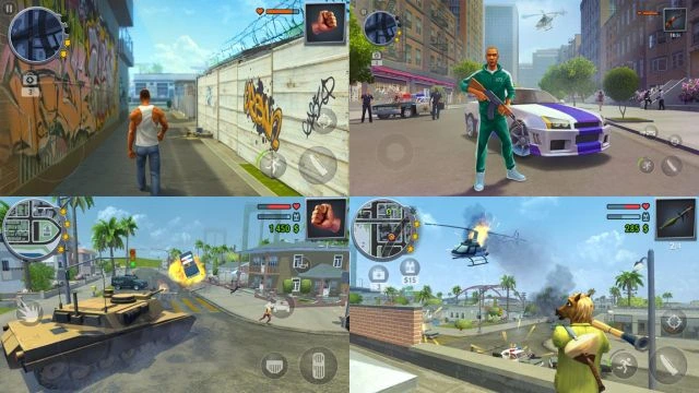 Main protagonist of the Gangs Town Story android game is walking on road, standing a weapon, destroying chopper and driving a tank.