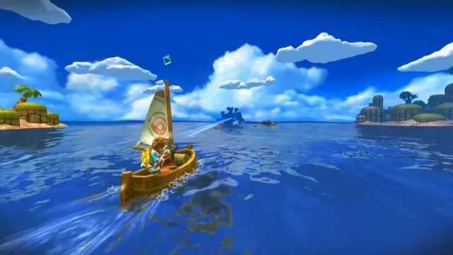 A boy in a boat in ocean shooting on something in Oceanhorn Offline Open World Android game.