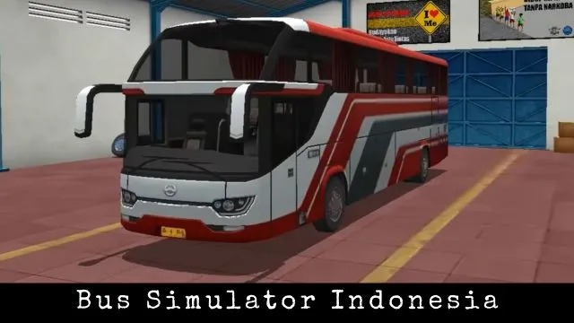 A  bus having red and white stripes parked in garage in Bus Simulator Indonesia android open world offline game.