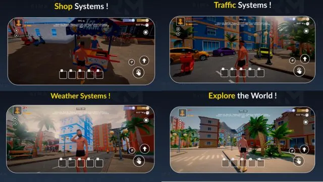 Traffic system, shop system and weather system from the Jobless Life open world android game.