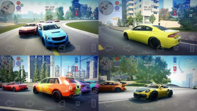 blue, red, yellow and orange color cars on running on road in OWRC: Open World Racing Cars offline android game.