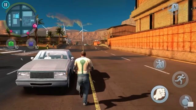 Main protagonist of Gangster Vegas: World of Crime android game is running on road and a grey car is on his left side and orange wall is on his right side.