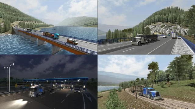 Trucks delivering stuff and empty truck going to take more stuff to deliver in Universal Truck Simulator android game.
