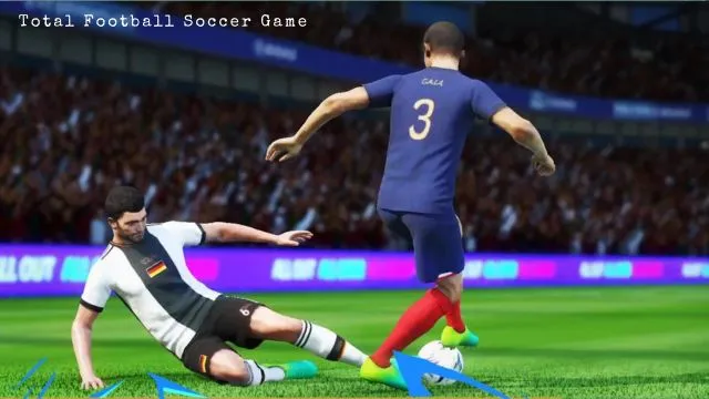 Two players of opposite team are trying to get the ball so they can win the game in Total Football Soccer Game.