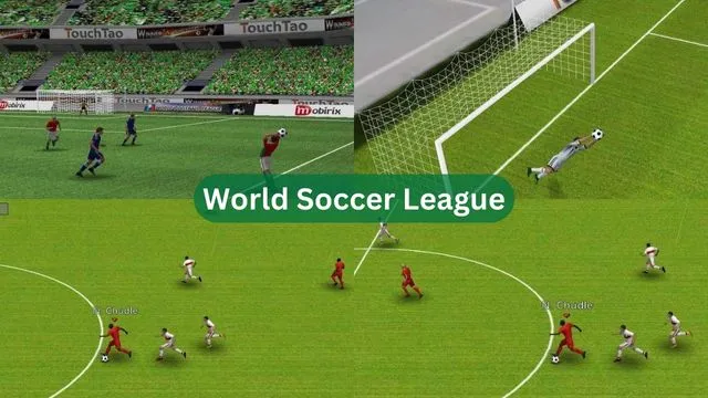 Players passing ball of each other and goal keeper tying to stop the goal in World Soccer League offline android soccer game.