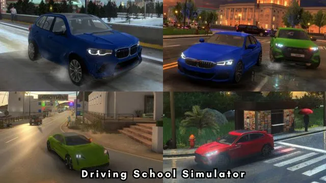 Two Blue BMW, one green car, and one red car in Driving School Simulator game.