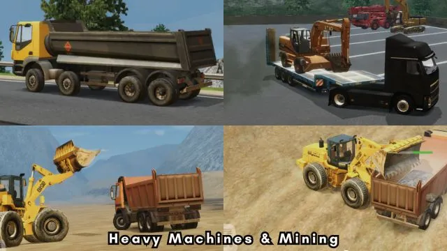 JCB, trucks and bulldozer in Heavy Machines & Mining android game.