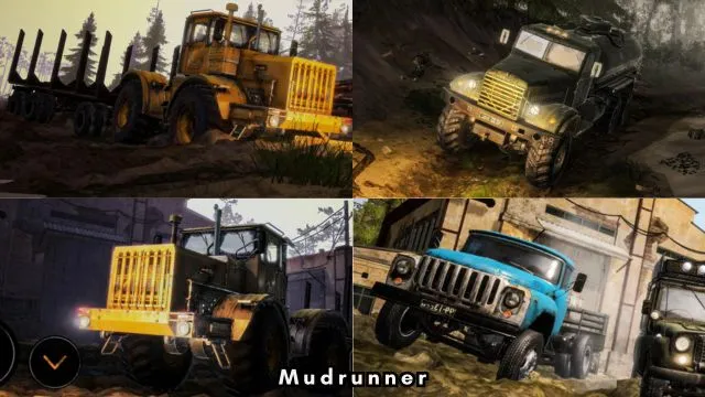 3 Heavy trucks and one light truck in Mudrunner offroad game.