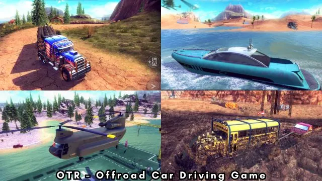 One truck, one boat, one chopper, and one bus in OTR Offroad Car Driving Game.
