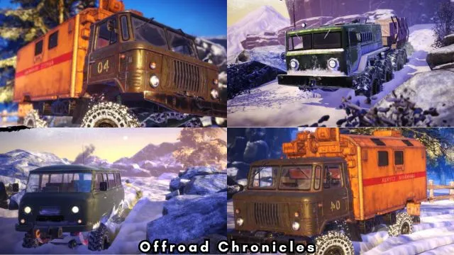 4 trucks in a icy path in Offroad Chronicles android game.
