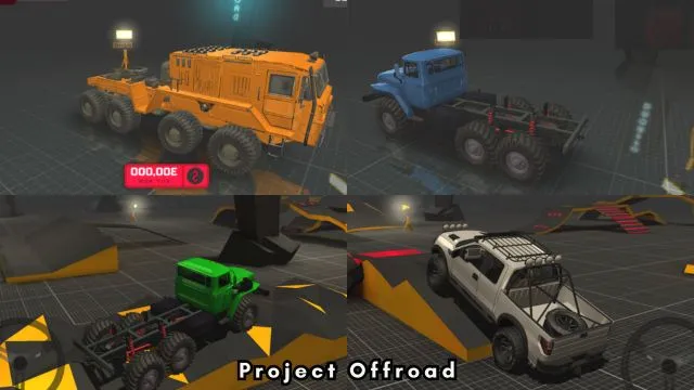 Three heavy trucks and one car in Project Offroad android game.