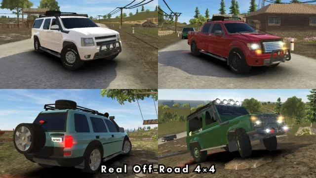 Four SUVs in red, white, sky blue, and green color in Real Off-Road 4x4 android game.