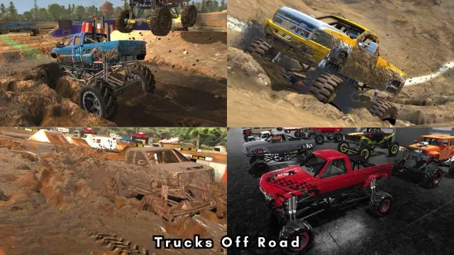 Grey, blue, yellow, and red colored 4 monster truck in Trucks Off Road game.