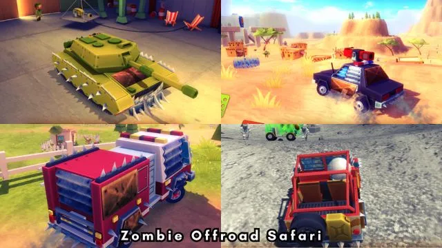 One tank, one police car, one truck, and one jeep in Zombie Offroad Safari android game.