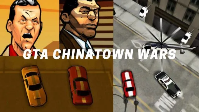 Top Rockstar game for android GTA Chinatown Wars characters and in-game snaps in which characters, cars, and helicopter are present.