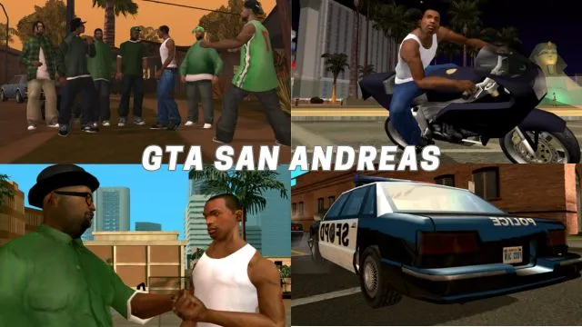 Rockstar's best android game GTA San Andreas' in-game snaps in which one police car, one bike and some characters are present.